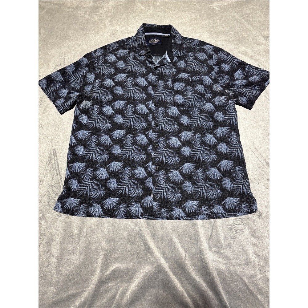 Nat Nast Mens L Blue Palm Leaf Short Sleeve Button Front Silk Blend Shirt